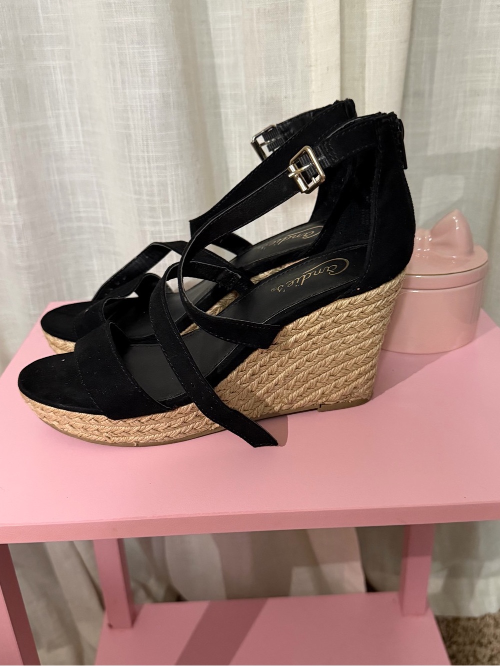 Candie's Black Strappy Espadrille Wedge Sandals